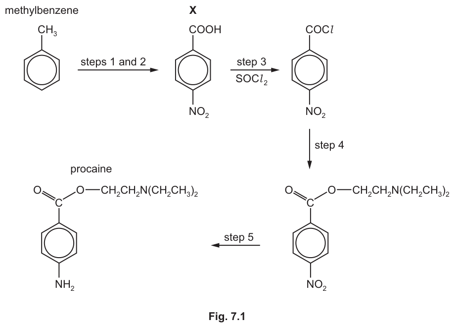 Procaine as printed with the question: an aromatic ring carrying NH₂ at one end and an ester-linked diethylamino chain at the other.