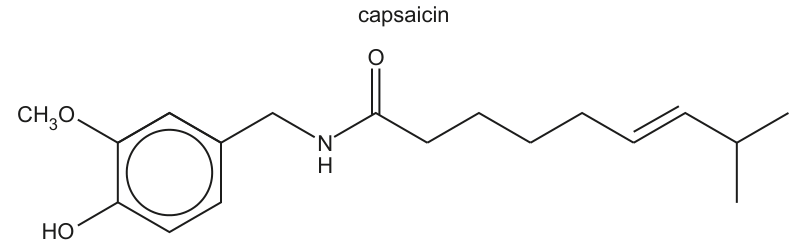Capsaicin as printed: a phenol ring bearing a long tail that carries an amide link and a terminal C=C.