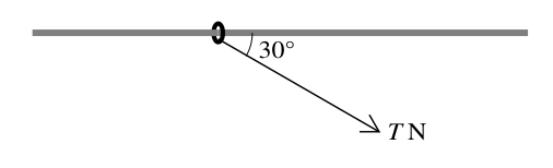 The exam paper's own figure: the force T pulls down and along the horizontal rod at 30° to it.